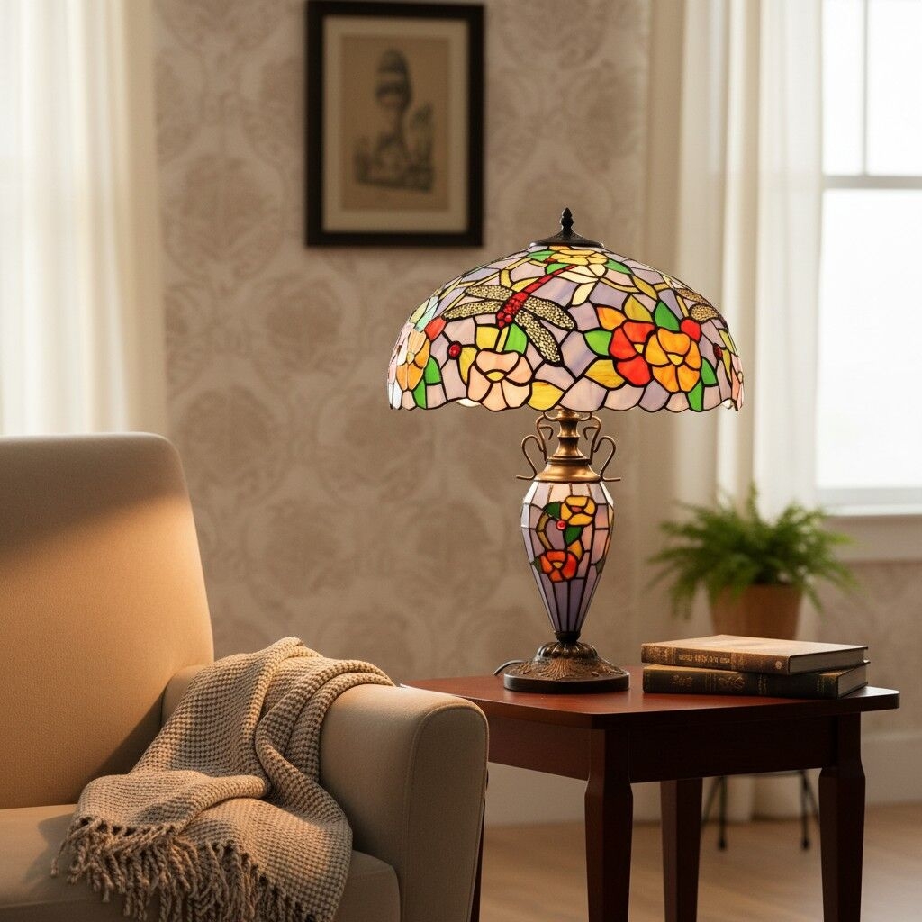 TF Keswick Dragonfly Tiffany Table Lamp - Handcrafted Stained Glass Shade for Living Room or Bedroom T938