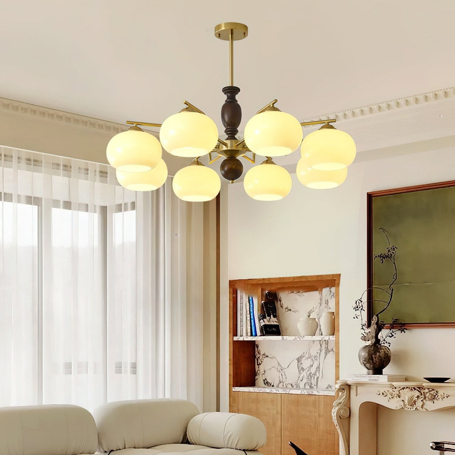 Medieval Style Walnut Beige Orb Chandelier M485
