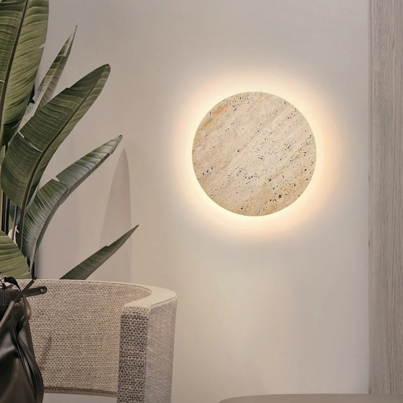 Wabi Sabi Travertine Round Wall Light - Minimalist Stone Disc Sconce S310