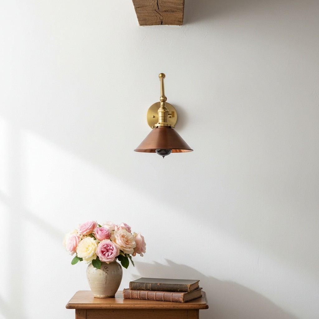 Conique Metal Industrial Wall Sconce with Adjustable Arm - Vintage Copper Cone Shade for Task Lighting T390