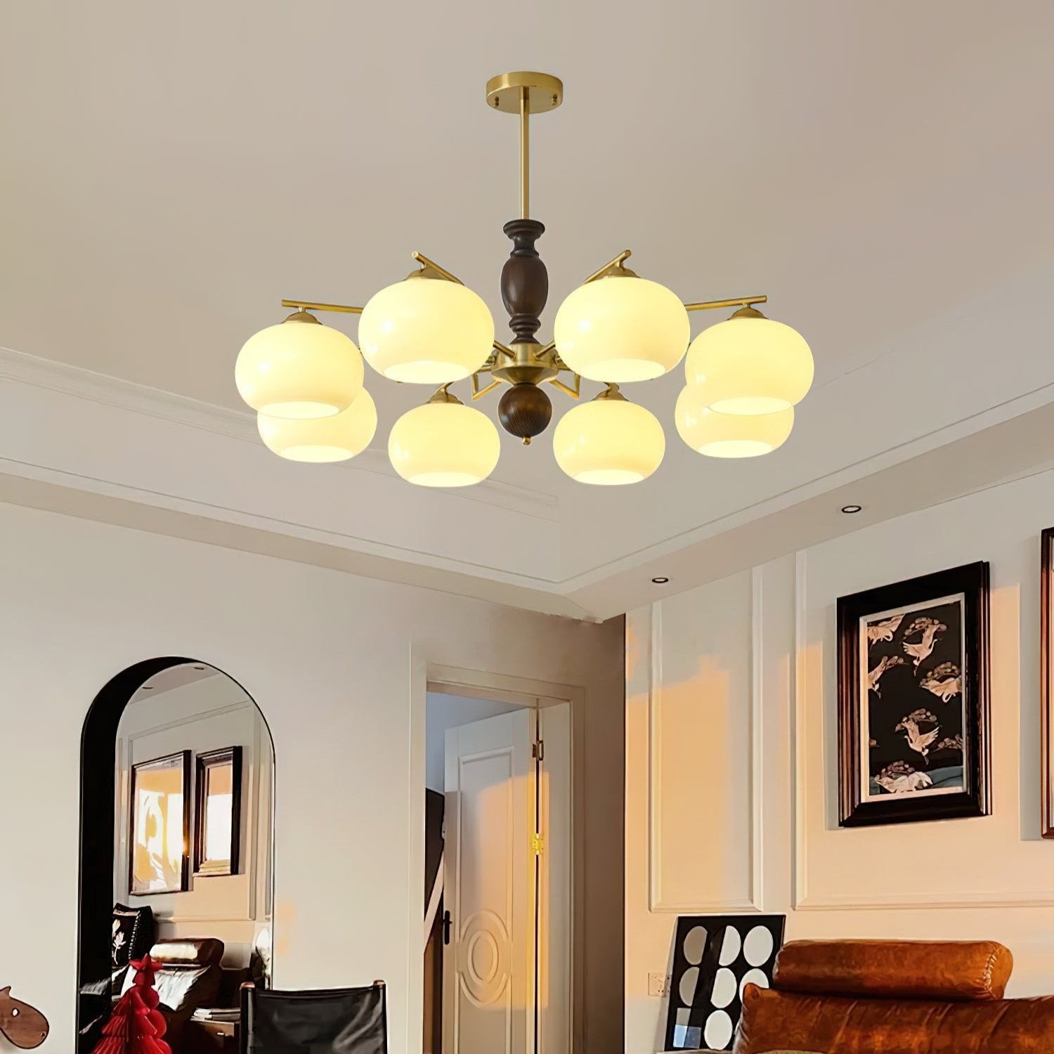 Medieval Style Walnut Beige Orb Chandelier M485