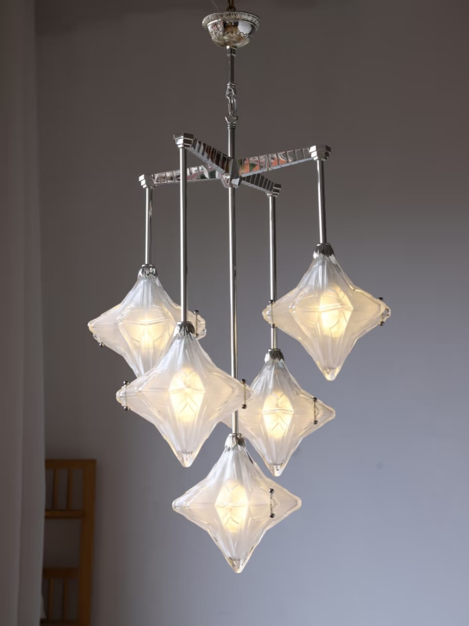 Art Deco Astris Star Chandelier - Frosted Glass Deco Fixture for Dining Room T433