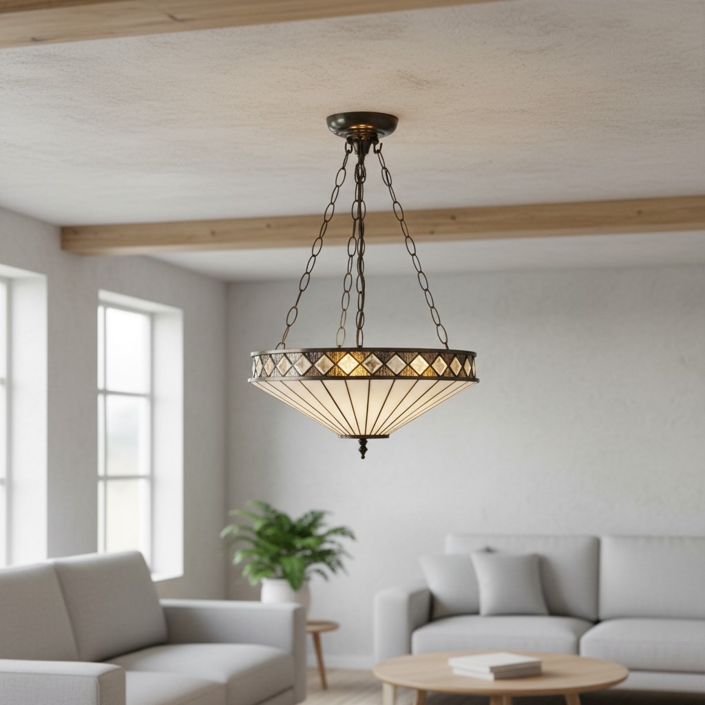 TF Fargo Adjustable Pendant with Stained Glass Inspired Inverted Shade for Island and Dining T981
