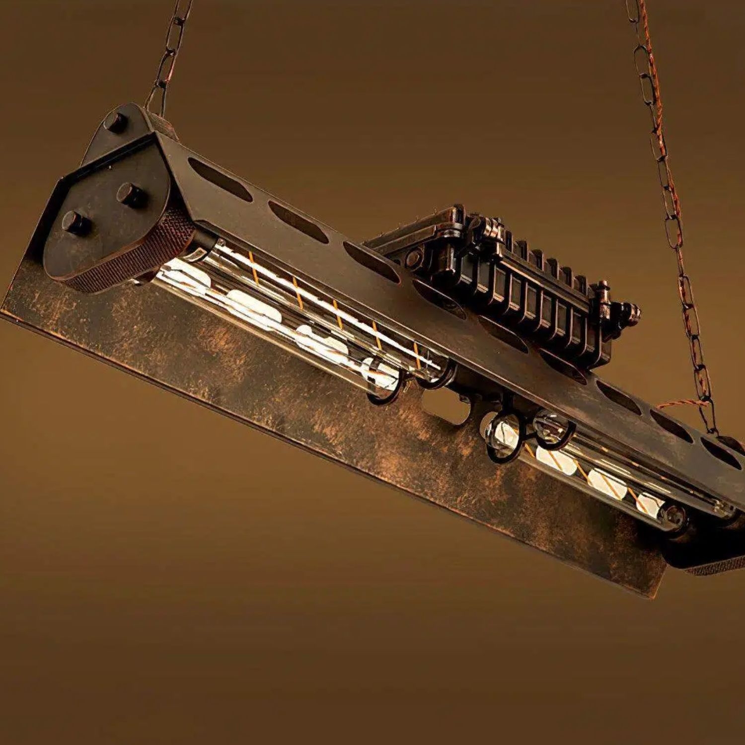 Industrax Steampunk  Linear Chandelier - Vintage Metal Frame Lighting for Dining or Living Room T510