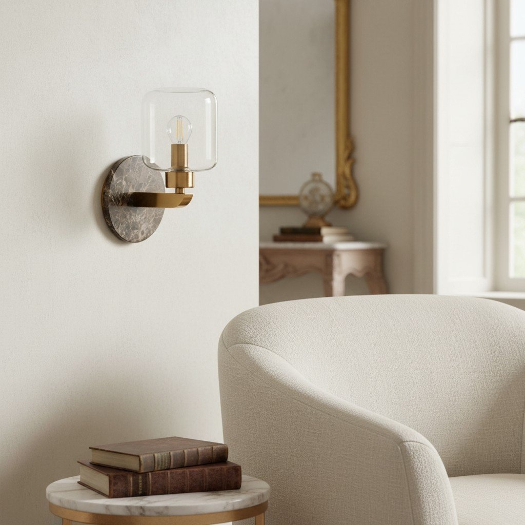 Korlisse Modern Marble Wall Light - Vintage Brass & Clear Glass Accent for Living Room and Hallway T950
