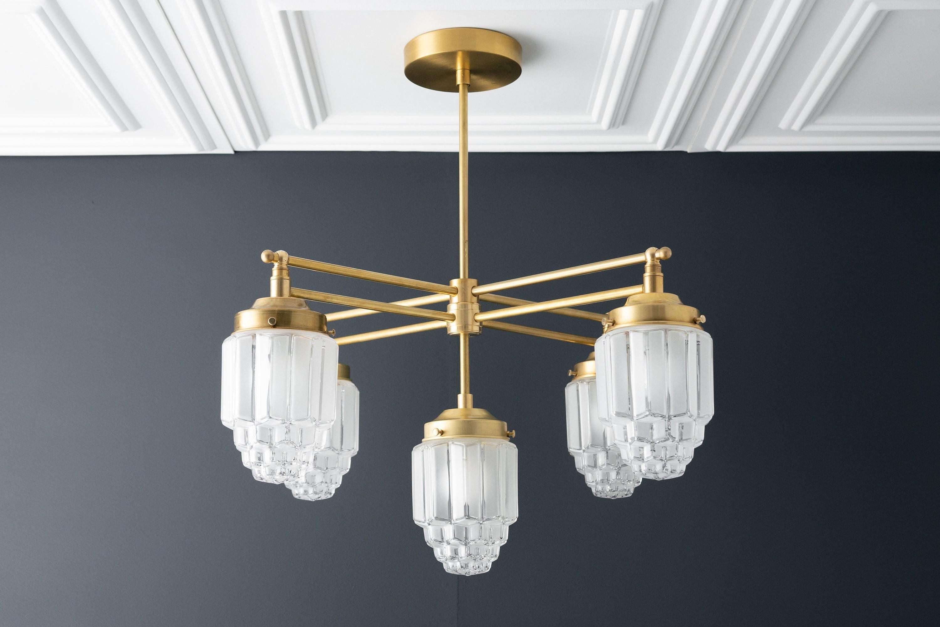 Tierlux Glass Chandelier – Vintage Brass Globe Lighting Fixture T357