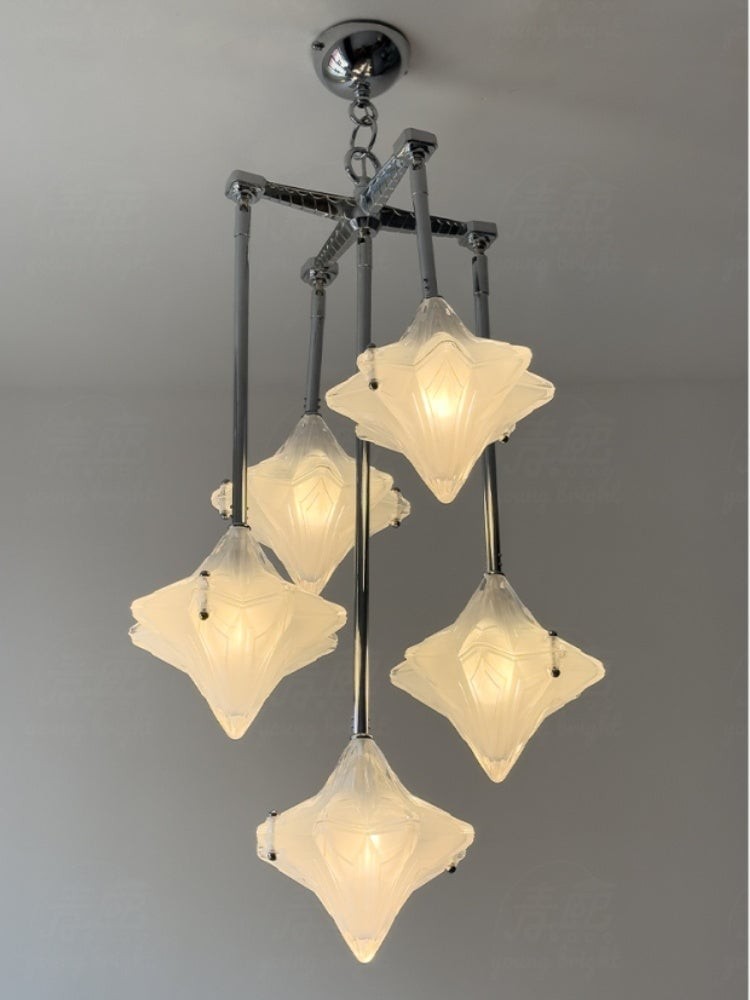 Art Deco Astris Star Chandelier - Frosted Glass Deco Fixture for Dining Room T433