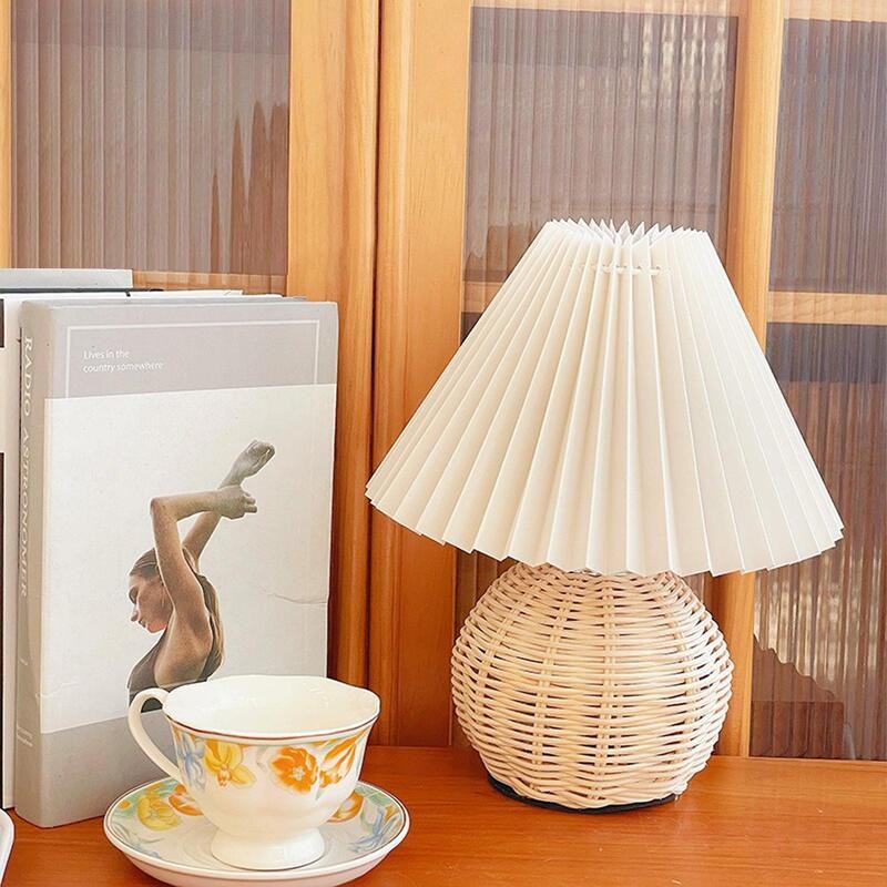 Rattan Pleated Table Lamp Cordless Bedside Lamp
