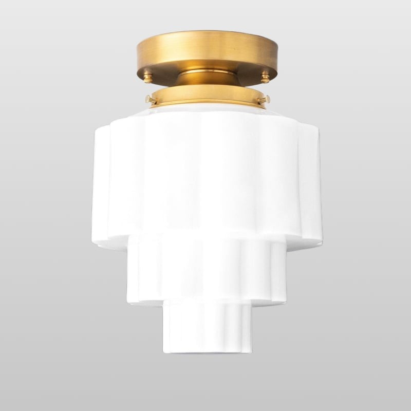 Geotower Glass Brass Ceiling Light – Art Deco Ribbed Globe Flush Mount T364