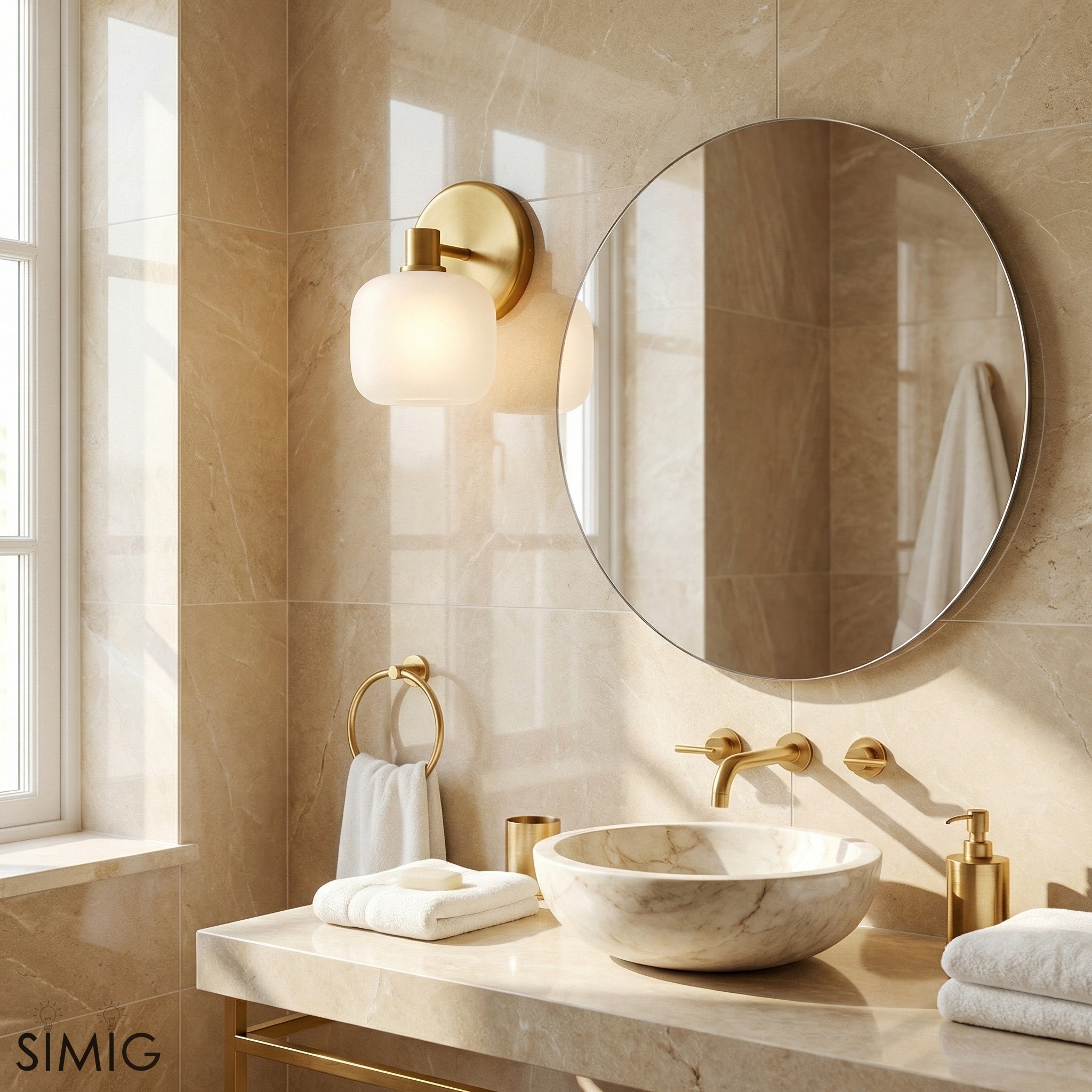 Lirra Frosted Glass Wall Sconce - Brass Look for Bathroom Vanity T758