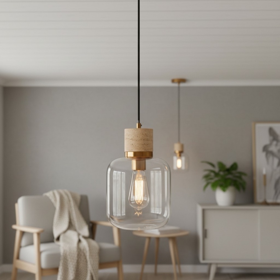 Korlisse Natural Stone and Glass Pendant Light - Stylish Lamp for Lounge or Living Room T929