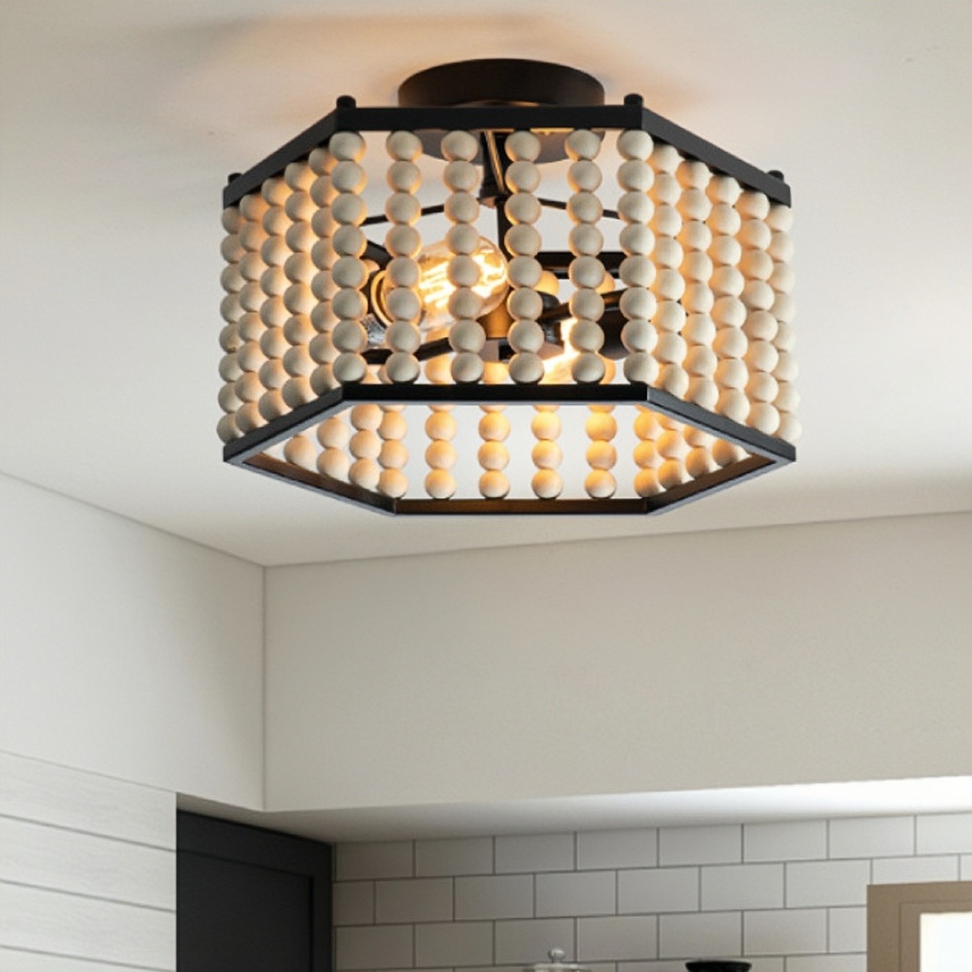 Rustic Hexagonal Wood Bead Ceiling Light S140