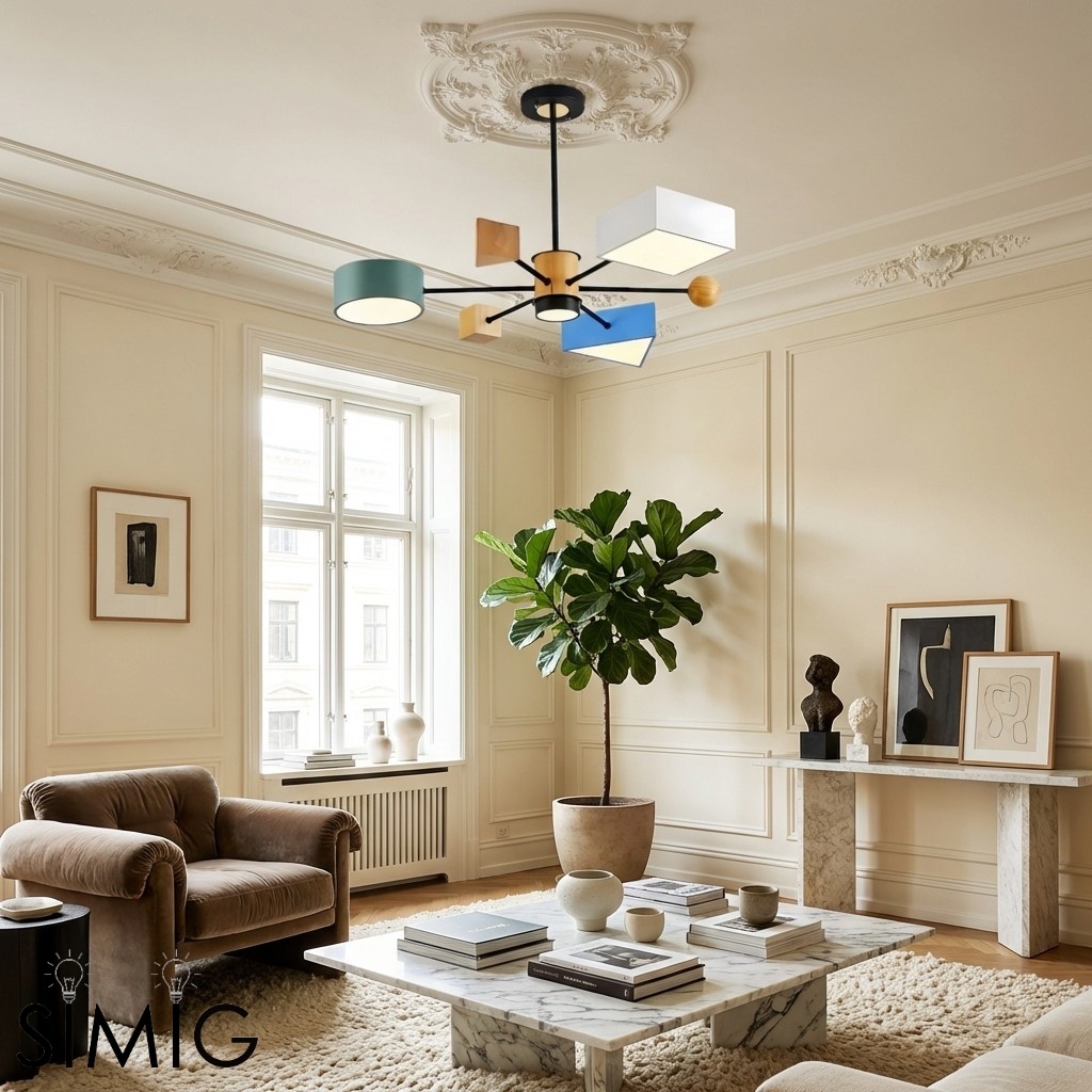 Modern Wood Block Chandelier - 4-Light Branch Style for Kids Room or Nursery S385