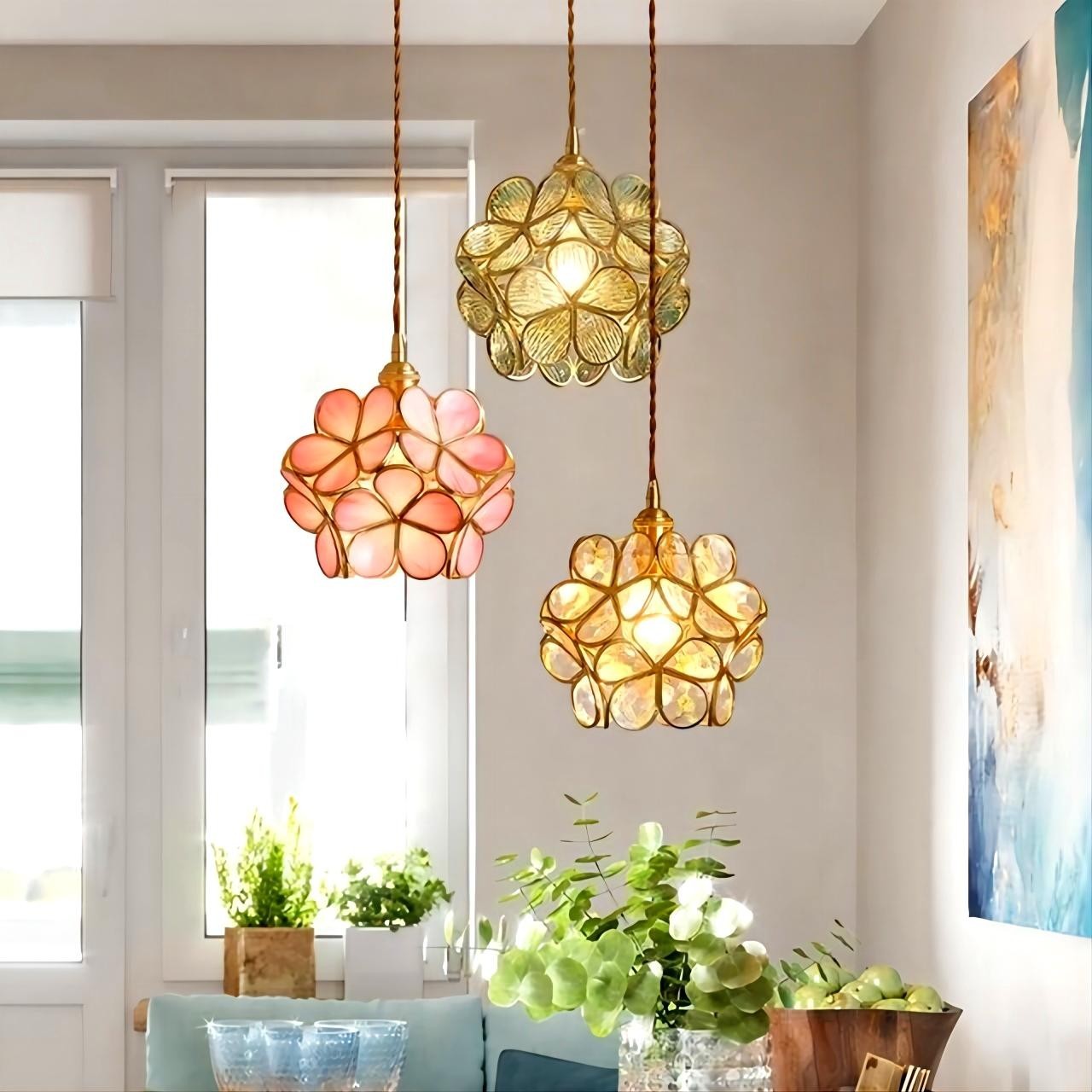 Nordic Brass Flower Petal Glass Pendant Light S10