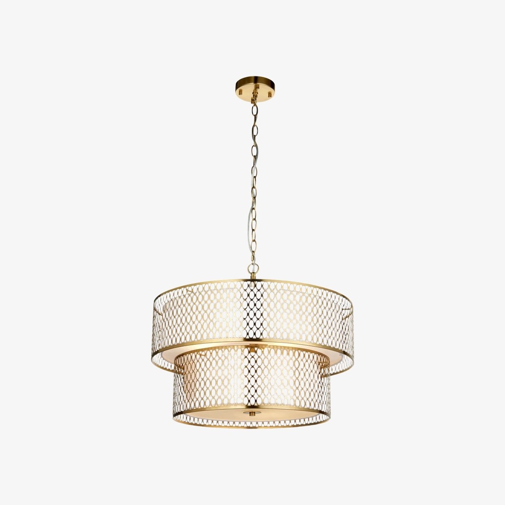 Liorin Geometric Pendant Lamp - Modern Fretwork Metal and Fabric Shade Pendant for Interiors T906