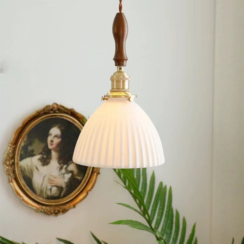 Traditional Japanese Brass Walnut Glass Ceramic Cylinder Conic Flower Bowl 1-Light Pendant Light For Dining Room T260