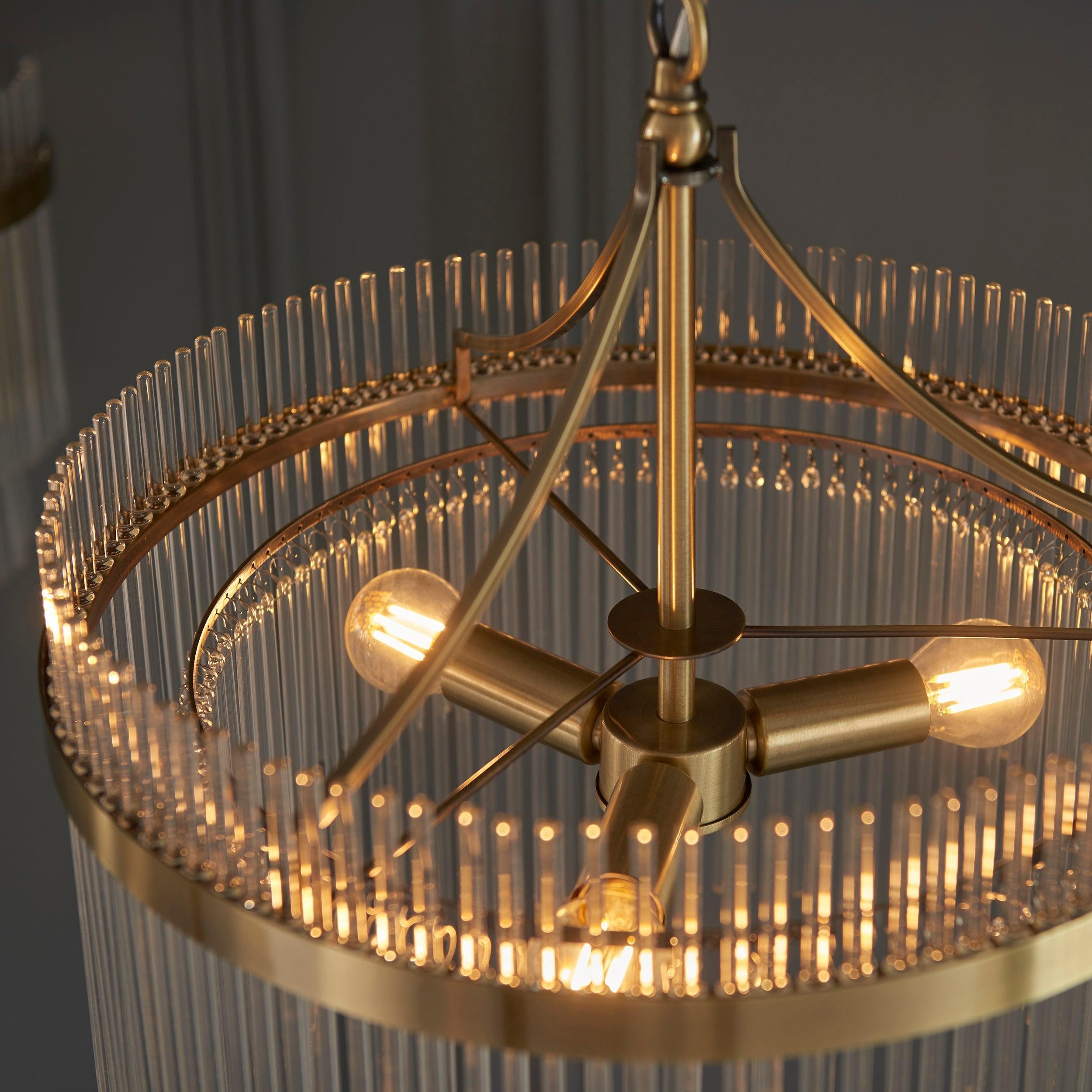 Elegant Glass Rods 3 Light Pendant Light - Vintage Brass Finish T459