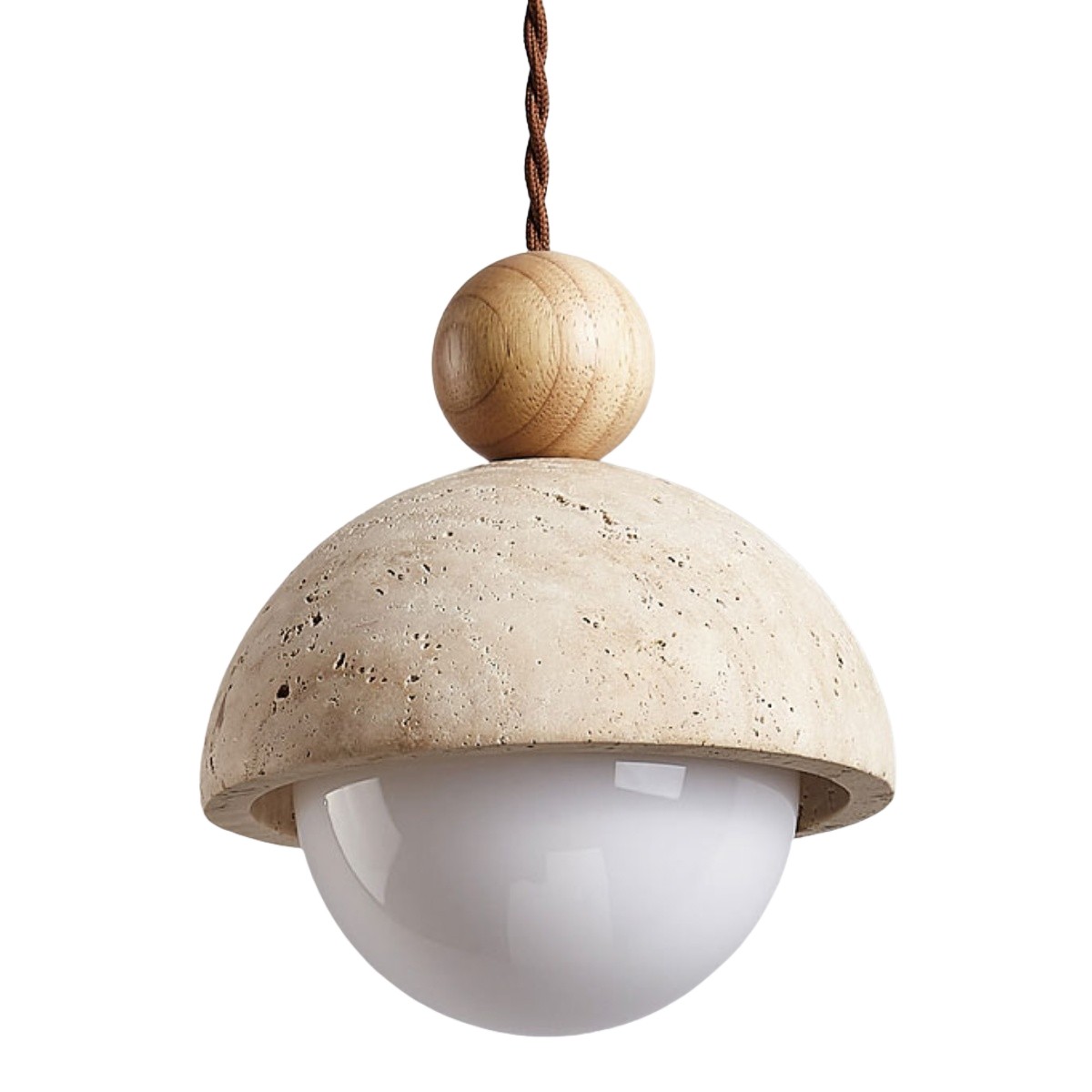 Beige Stone Umbrella Pendant Lamp With Wooden Sphere Accent S270