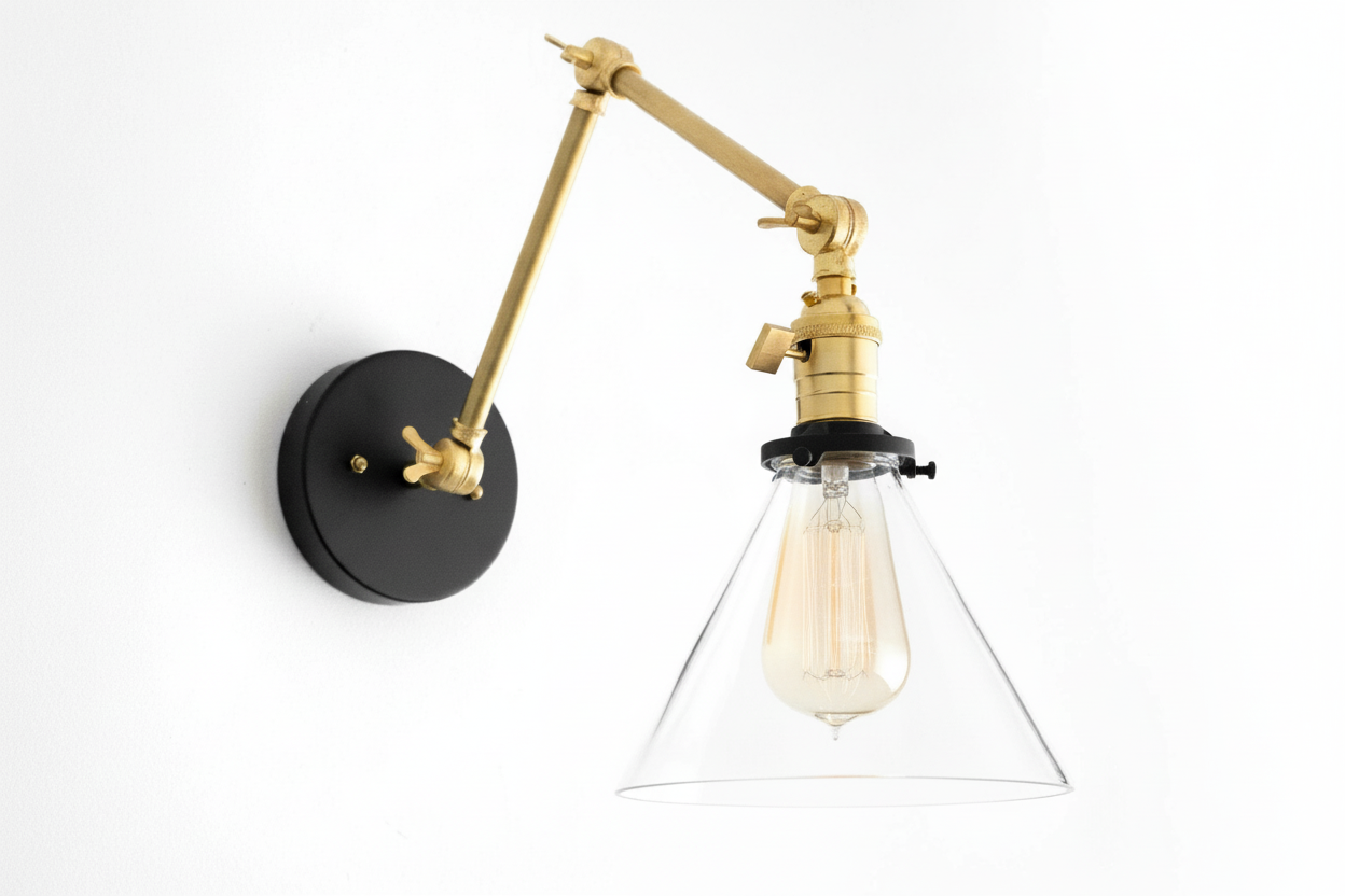 Conique Metal Industrial Wall Sconce with Adjustable Arm - Vintage Glass Cone Shade T311