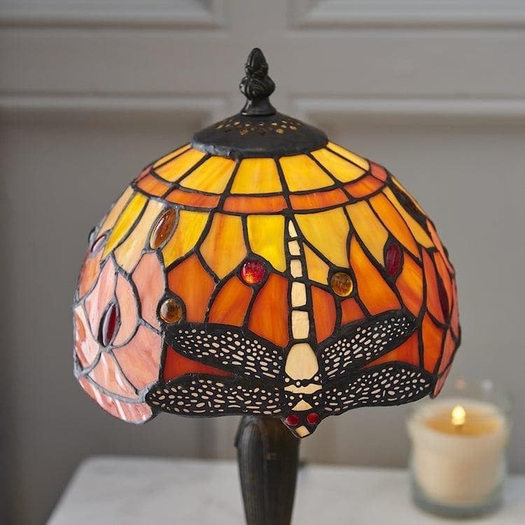 TF Dragonfly Hand-Cut Table Lamp - Vintage Stained Glass for Bedroom or Living Room T964