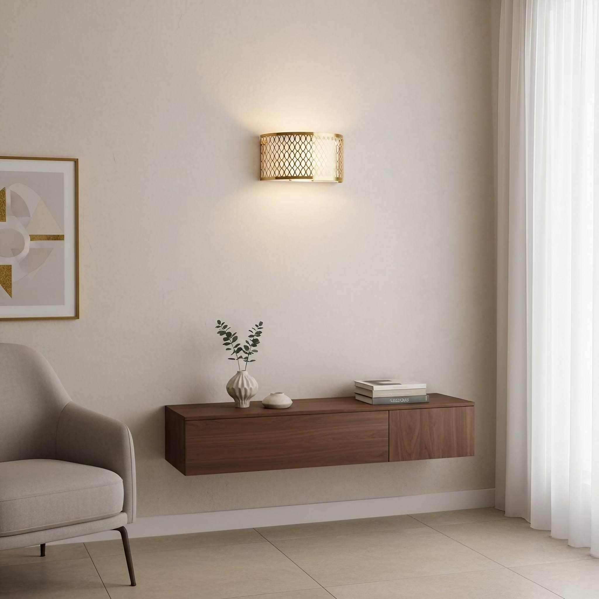 Liorin Fretwork Wall Light - Modern Curved Metal and Fabric Shade Sconce for Hallway or Bedroom T995