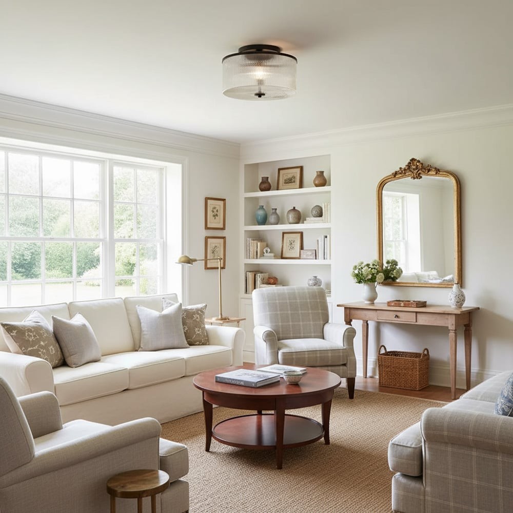 Drum Ribbed Glass Ceiling Lamp - Vintage Farmhouse Flush Mount T454