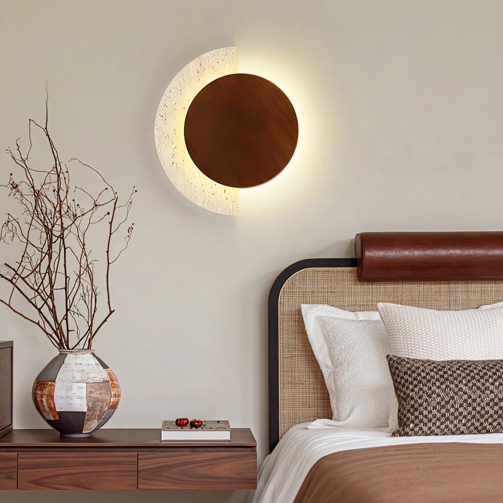Modern Half Moon Travertine & Wood Ambient Wall Sconce S316