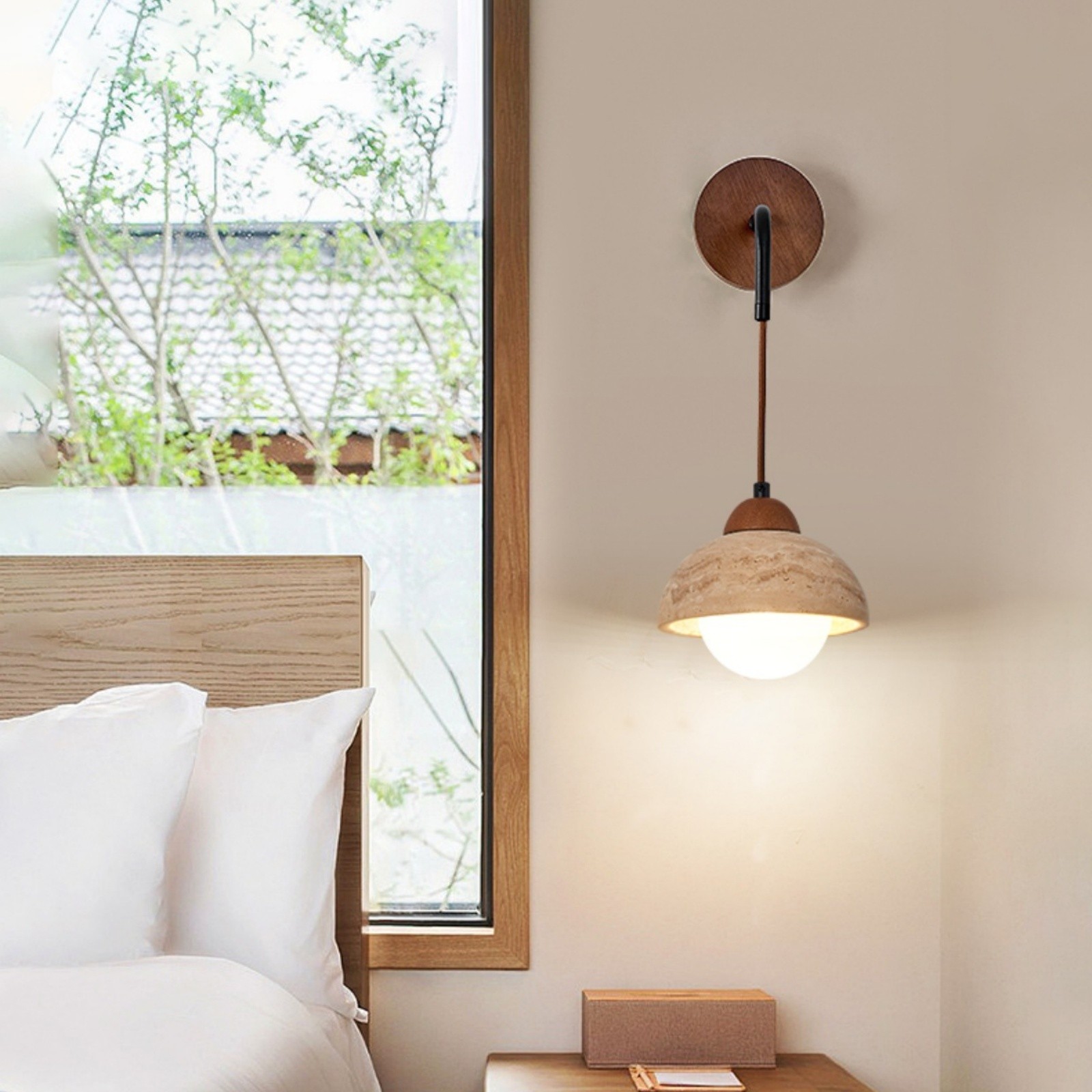 Natural Half Sphere Travertine Pendant Light With Wooden Details S309