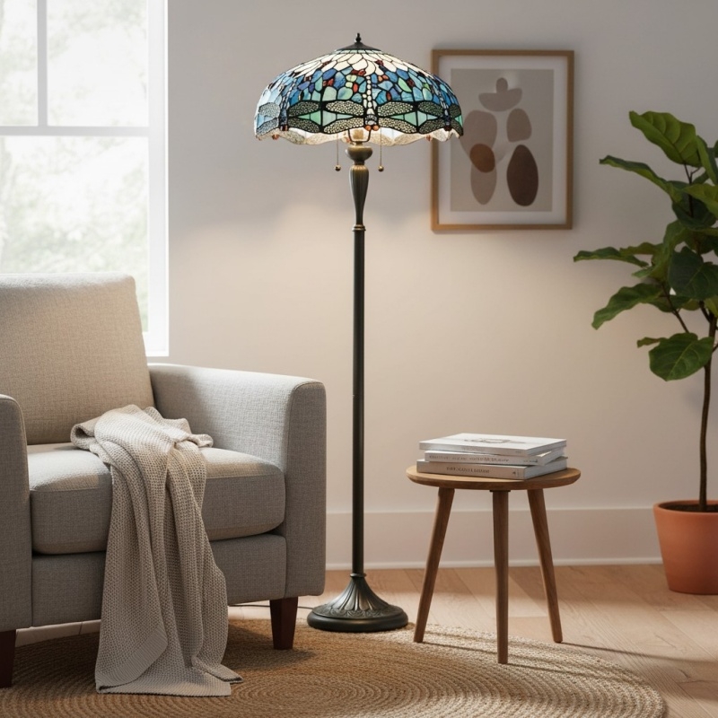 TiffStar Art Glass Floor Lamp with Ornamental Pattern Shade - Standing Light for Living Rooms T943