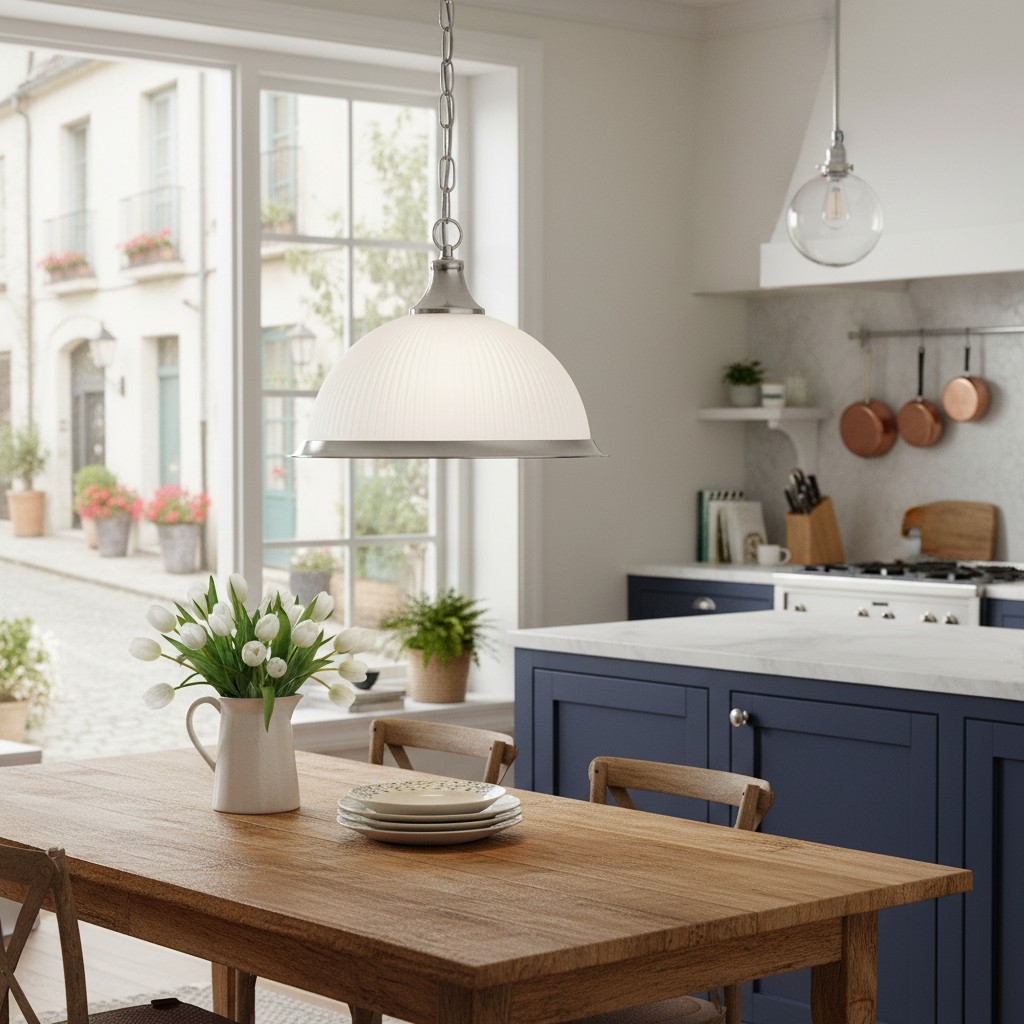 TF Vintora Ribbed Glass Pendant Light - Elegant Metal Trim for Kitchens, Dining Areas and Hallways T1022