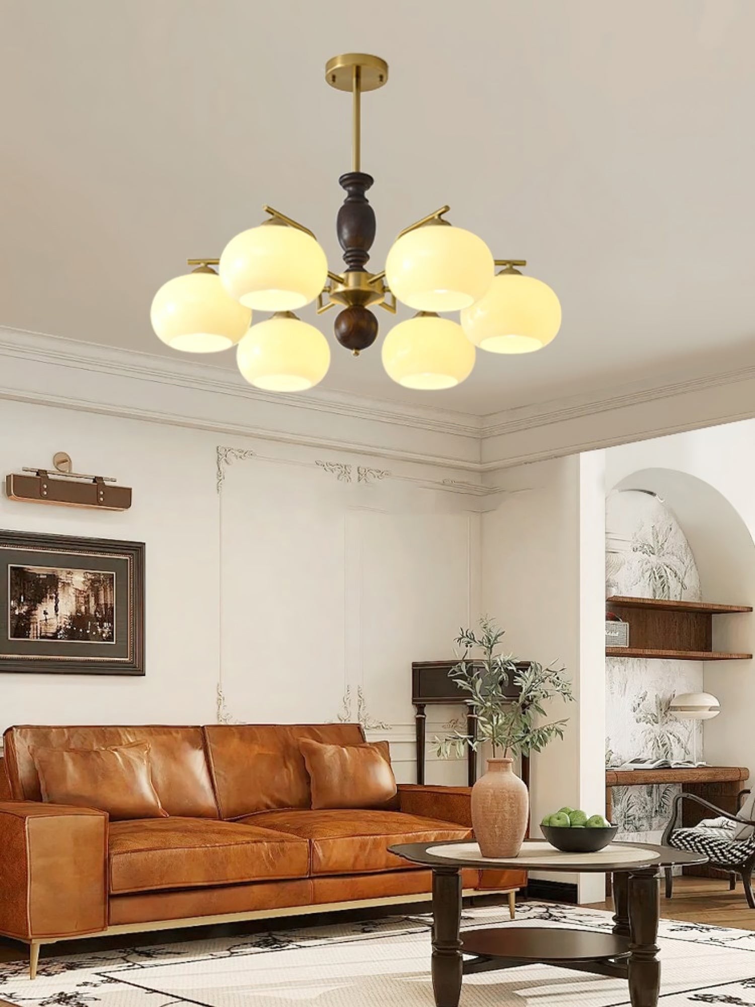 Medieval Style Walnut Beige Orb Chandelier M485
