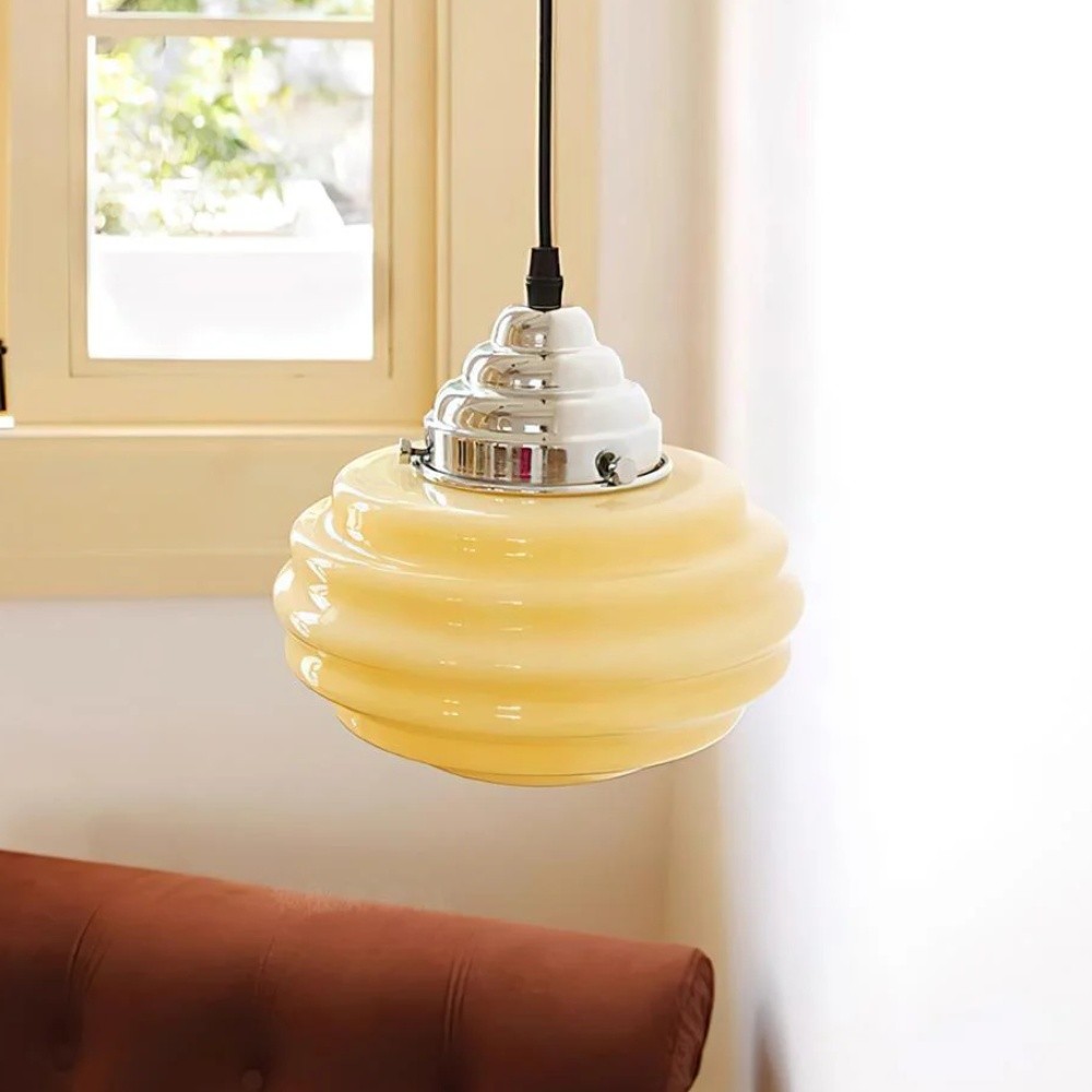 Vintage Ribbed Pendant Light – Glass & Metal Soft Illumination S235