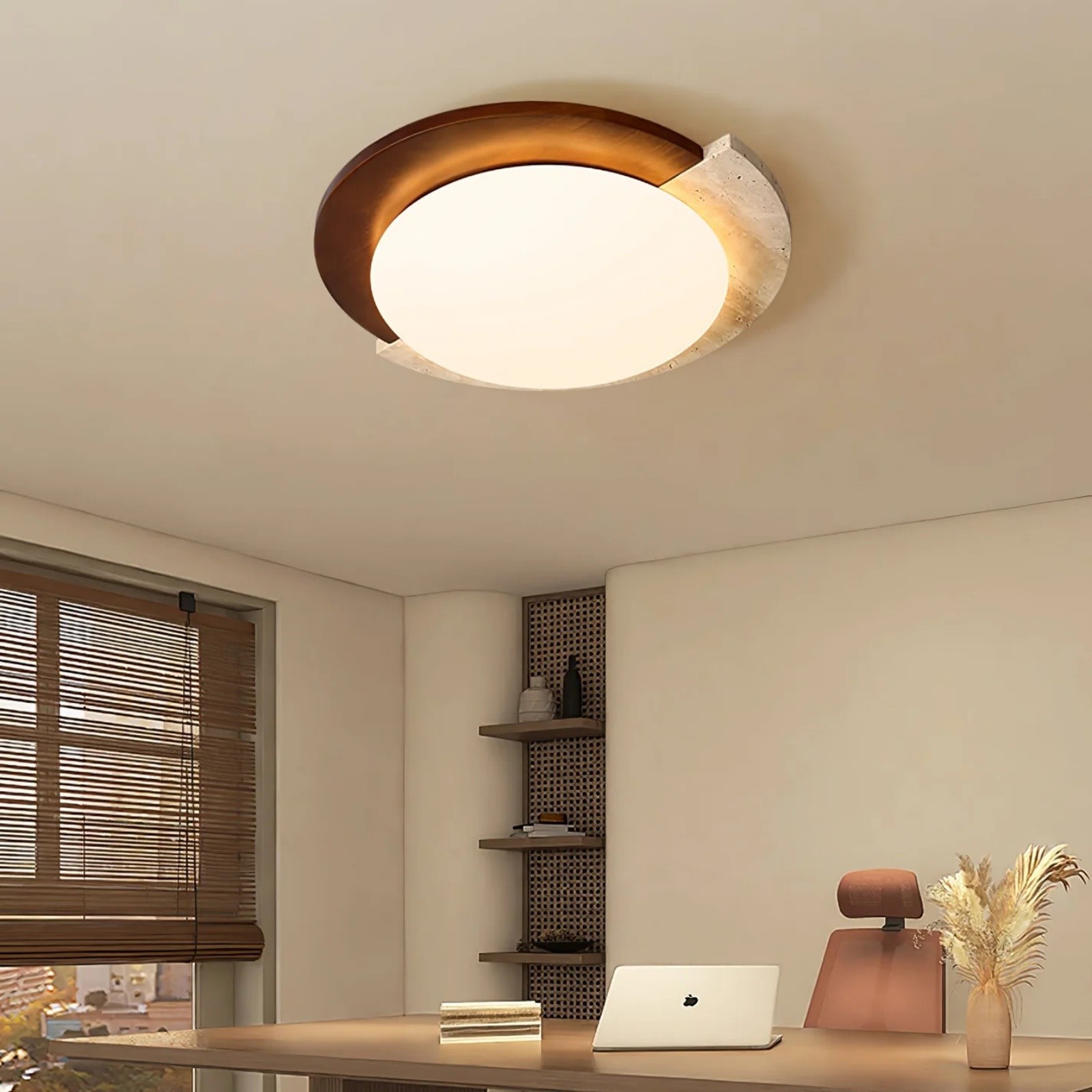 Half Moon Splicing Design Travertine & Wood Ceiling Lamp S292