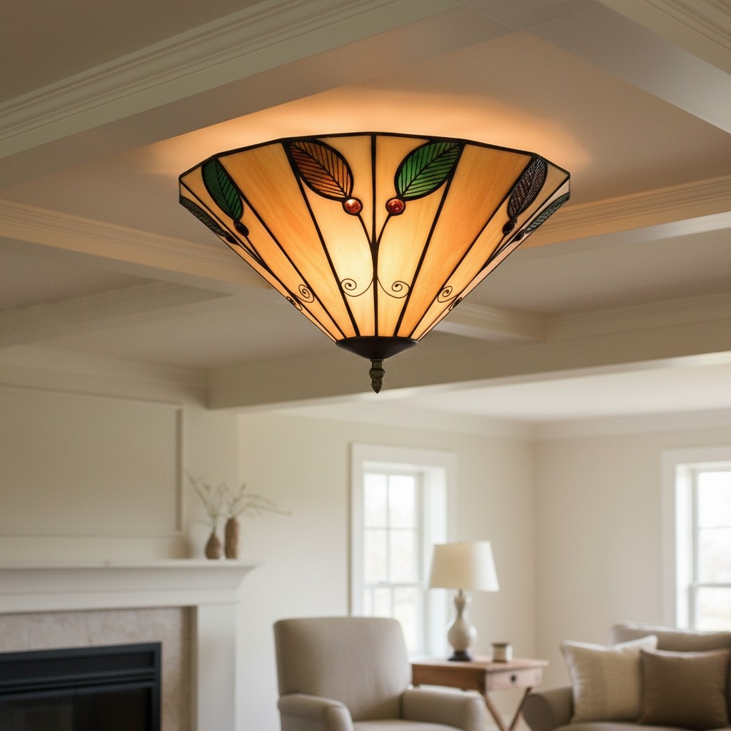 TiffStar Leaf Flush Ceiling Light with Art Glass Shade for Living Room T844