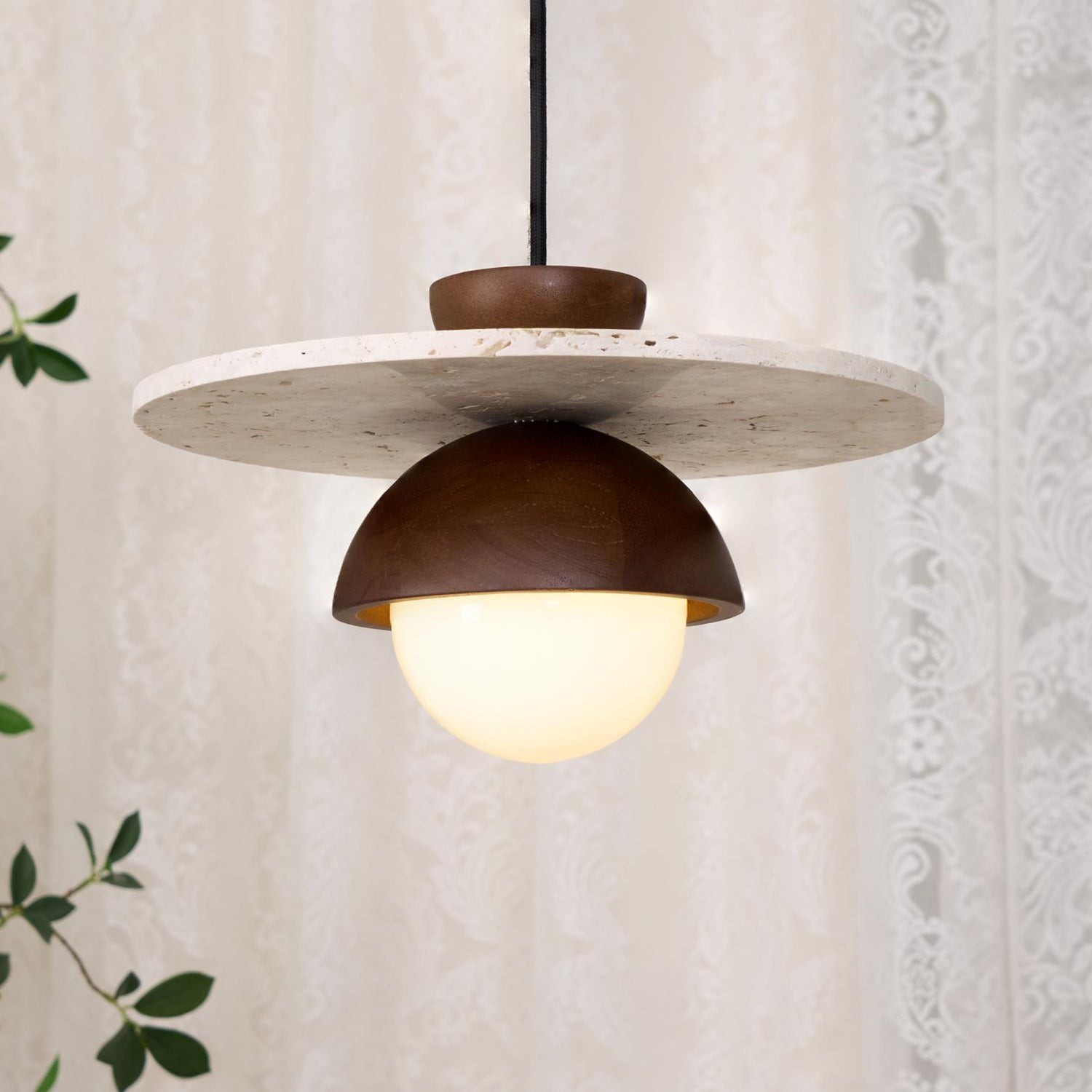 Travertine Disc Hemispherical Wooden Lampshade Chandelier P029