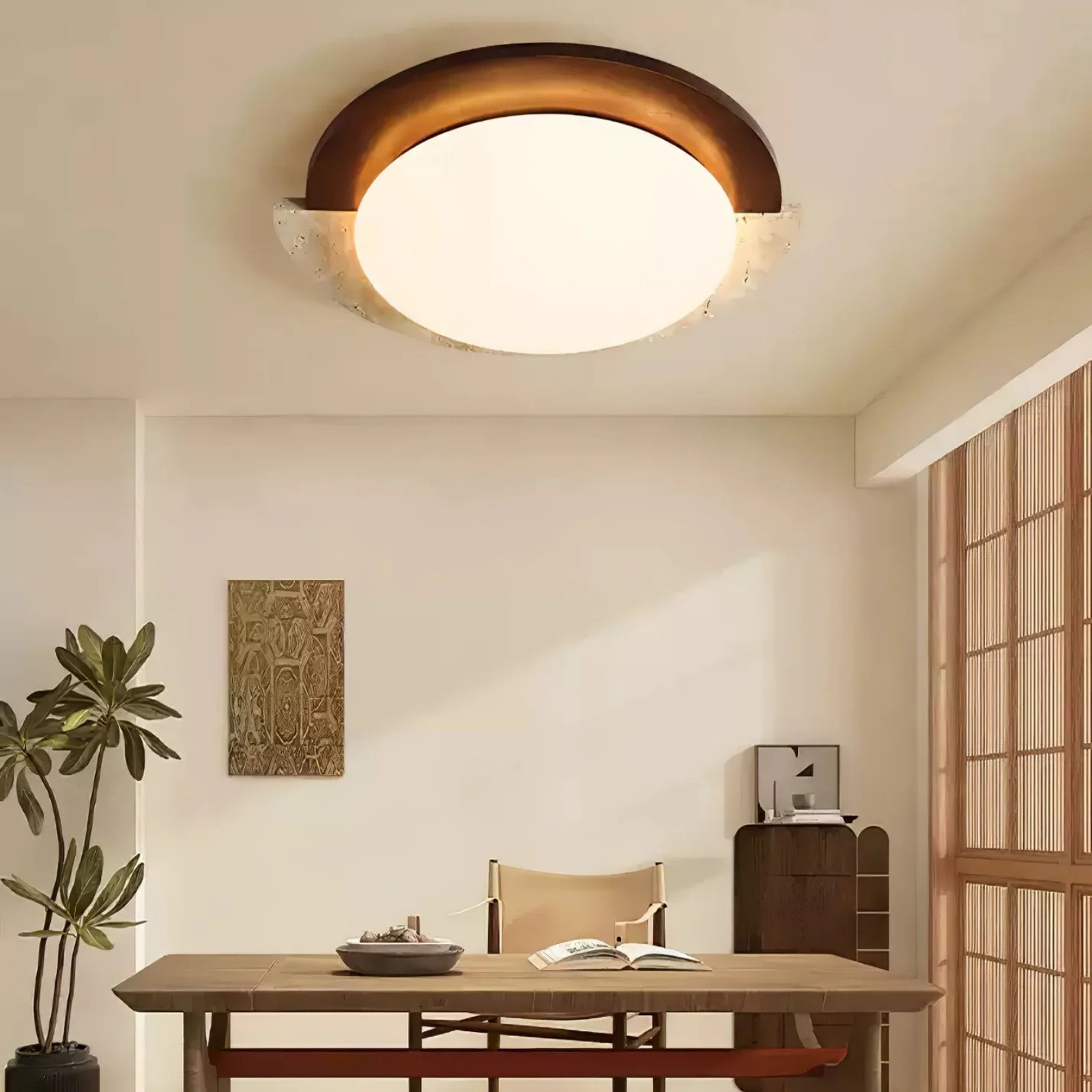 Half Moon Splicing Design Travertine & Wood Ceiling Lamp S292
