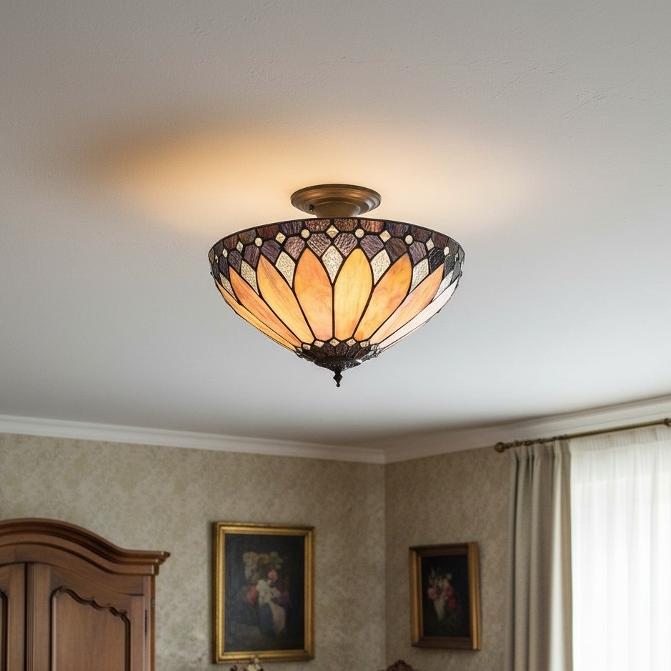 TF Brooklyn Tiffany Semi-flush Ceiling Light - Geometric Glass Shade for Hallways or Living Rooms T1042