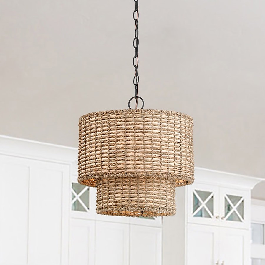 Natural Rattan Double Drum Pendant Light With Black Canopy G02