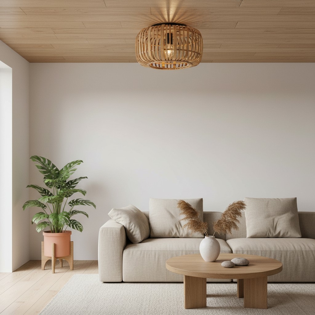 Yumeko Natural Bamboo Flush Ceiling Light - Organic Cage Design Sustainable for Living Room T978