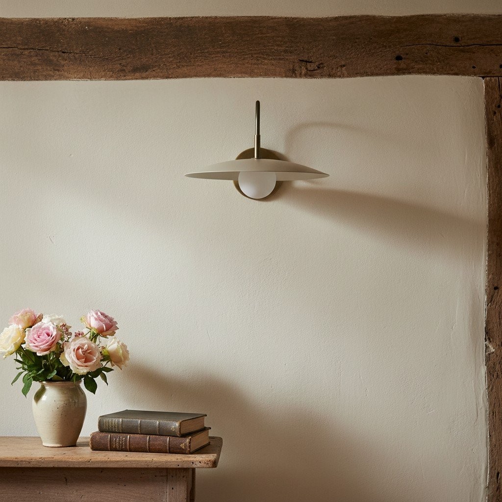 Curva Metal Modern Wall Sconce - Antique Brass Arm with Cream Disc Shade T409