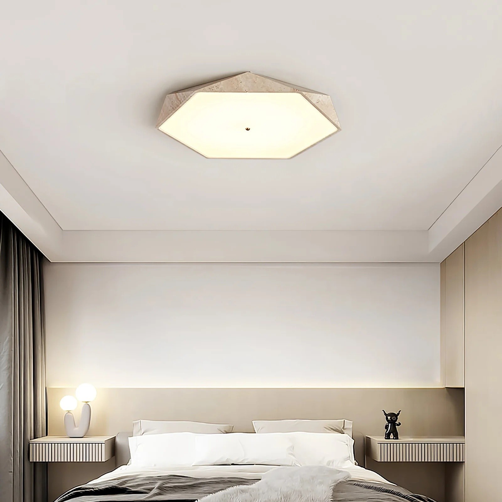 Contemporary Hexagon Ceiling Light In Travertine And Glass S295