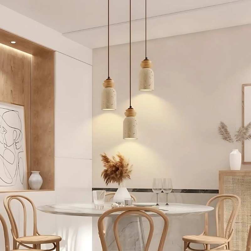 Wabi-Sabi Travertine Pendant Light with Wood for Living Room S274