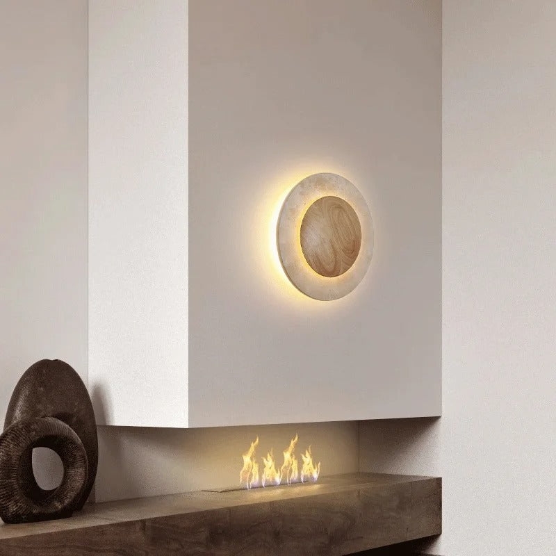 Round Travertine Wood Wall Light T2104