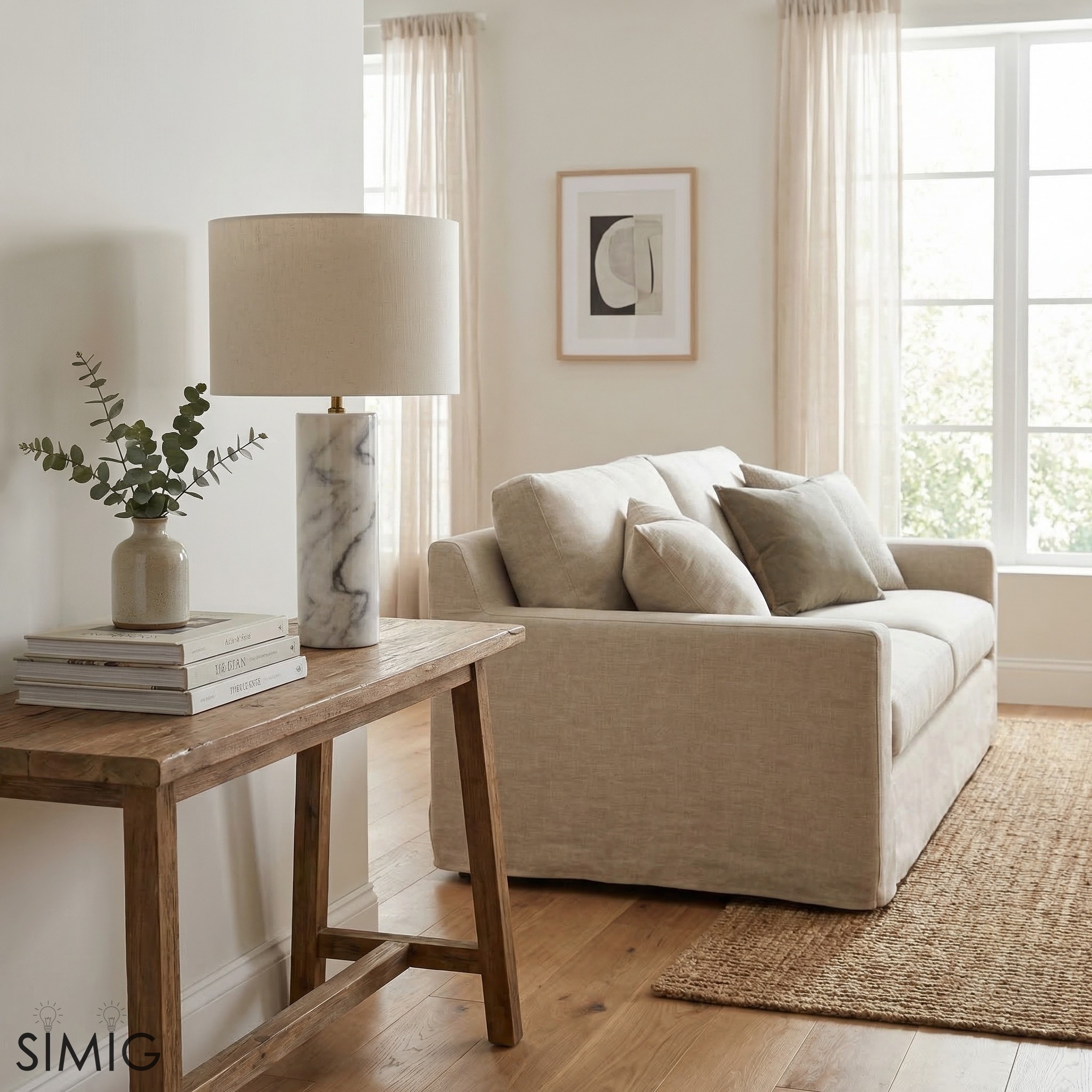 Minimalist Travertine Table Lamp – Linen Shade Bedside Light for Bedroom S409