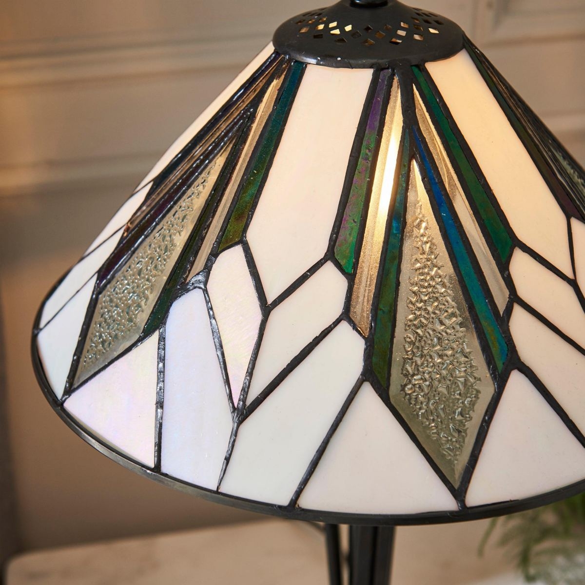 TF Astoria Art Deco Stained-Glass Table Lamp - Bevelled & Iridescent Shade for Bedroom or Living Room T852