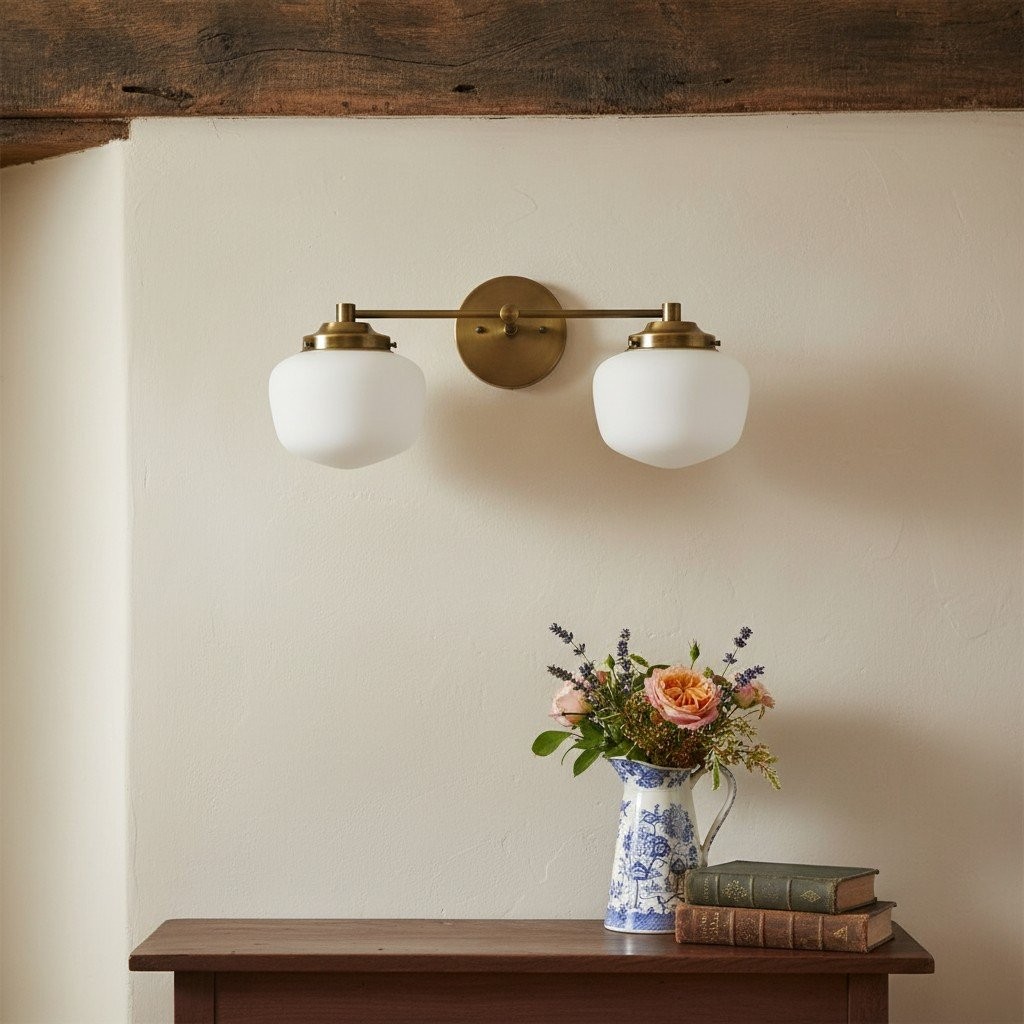 Opalume Glass Art Deco Vanity Light - Bathroom Wall Sconce with White Glass Shades T306