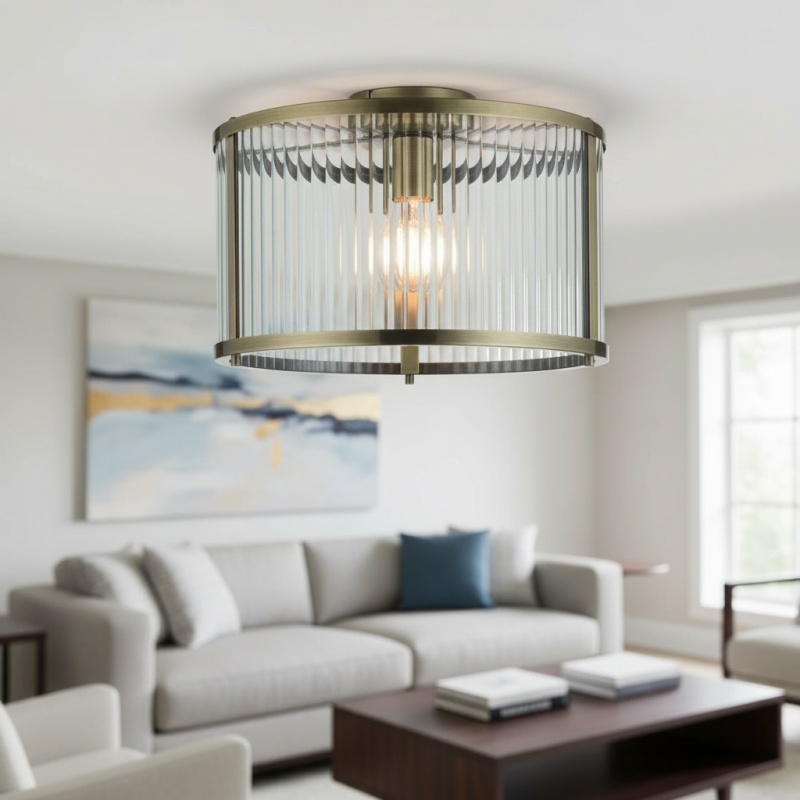 RibGlow Ribbed Glass Flush Ceiling Light - Classic Flush Mount Ceiling Lamp for Living Room or Hallway T819