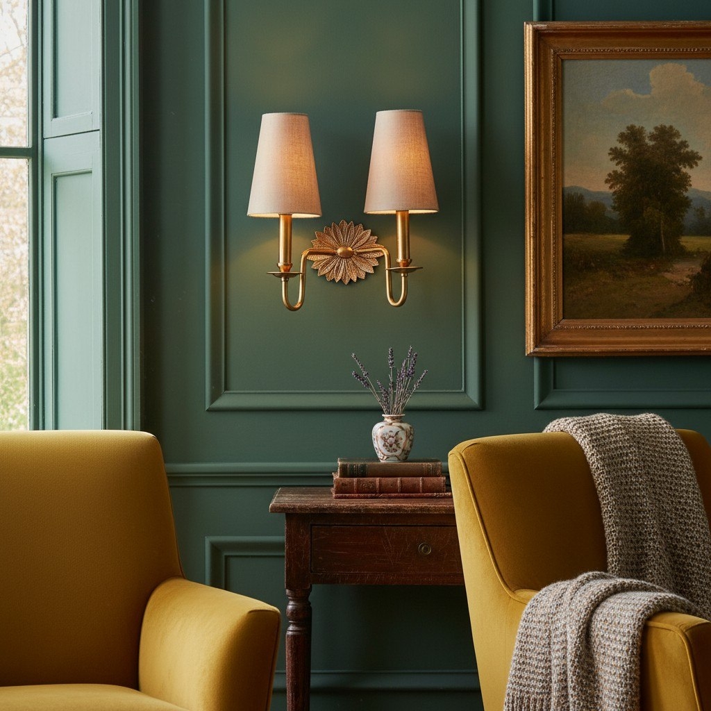 Duova Double Sconce - Antique Brass Metal and Linen Shades for Bedroom or Study T716