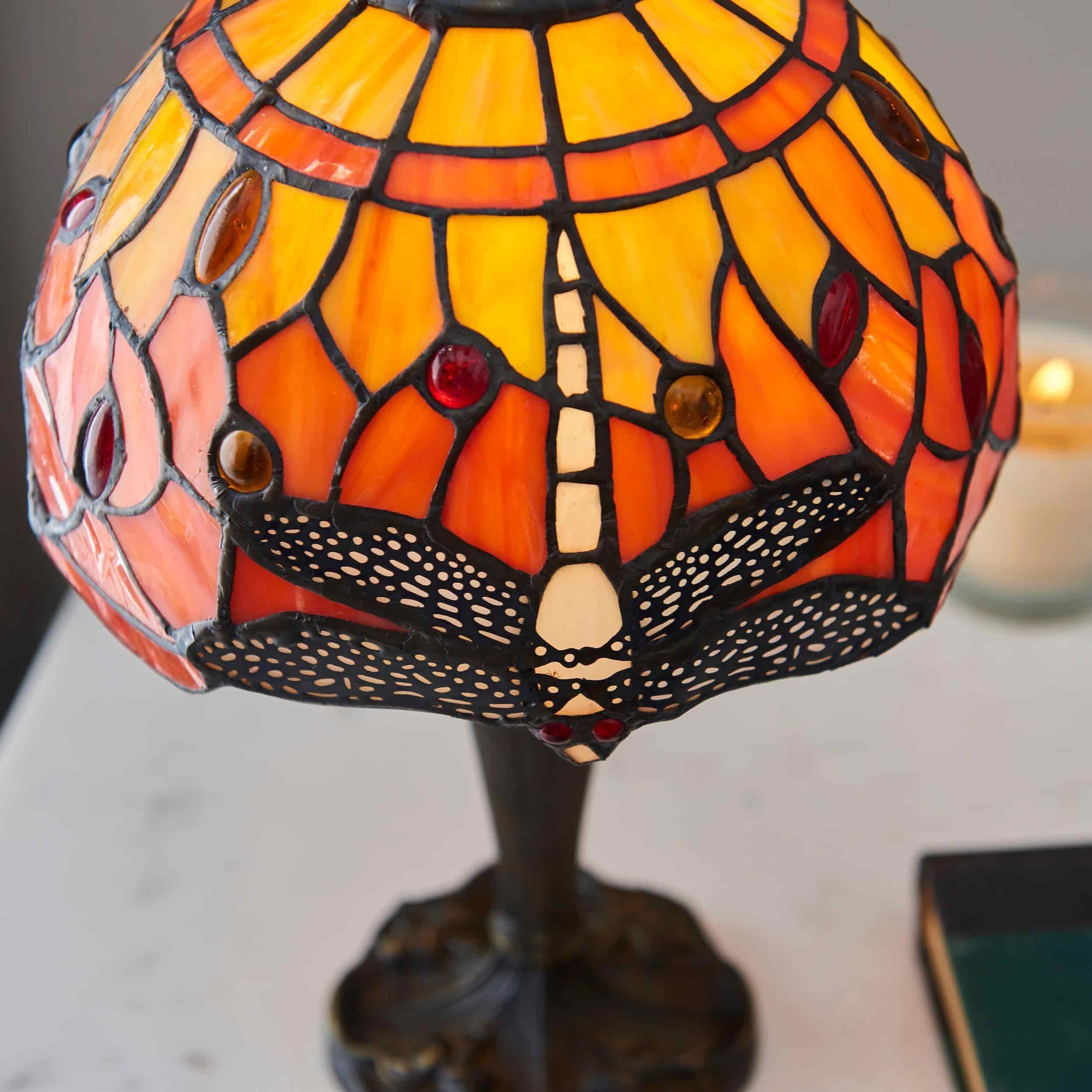TF Dragonfly Hand-Cut Table Lamp - Vintage Stained Glass for Bedroom or Living Room T964