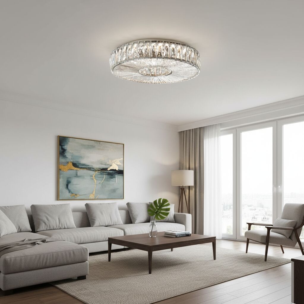 Glomar Glass Round Flush Ceiling Light - Modern Metal Glass Finish Living Areas T542